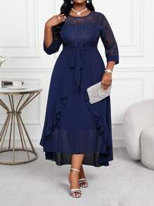 SHEIN Lady Plus Size Women Business Professional Blue Hollow Sleeve Lace Stitching Ruffle Layered Midi Dress Teacher Clothes Teacher Dress Fall Dresses Lace Dresses