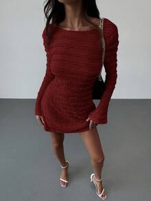 Aloruh New Sexy Backless Knitted Jacquard Elastic Fabric Flare Sleeve Short Dress - Red - View 3