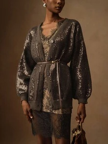 Vesra 女士时尚亮片灯笼袖休闲开衫 - 咖啡棕 - 查看 6