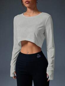 Easithlete Lässiges einfarbiges langärmeliges Sport-Crop-Top, Damen Langarm Crop Top, Gym Crop Top, Langarm Gym Top, Workout Crop Top