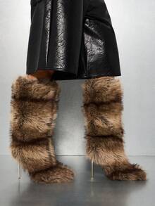 SUMWON WOMEN 奢华仿皮草及膝高筒冬季靴金属金色高跟时尚宣言寒冷天气鞋履毛绒长靴晚会魅力 - 杏色 - 查看 1