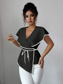 Elenzga 女式撞色饰边交叉系带优雅衬衫，夏季 - 黑色 - 查看 4