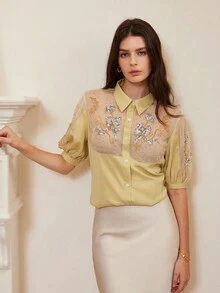 GENKIRA Áo cánh tay ngắn cổ bẻ đính hạt sequin thêu họa tiết trong suốt - Màu xanh Ô liu - Xem 5