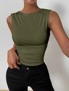 Femesol Áo ba lỗ nhún bèo màu xanh lá cây, Áo ba lỗ cơ bản, Áo ba lỗ đi chơi, Áo câu lạc bộ, Áo hòa nhạc, Áo dễ thương, Áo du lịch sân bay - xanh quân đội - Xem 6