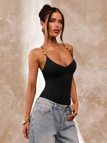 SHEIN BAE 棕色串珠细肩带女式紧身衣，夏季紧身性感复古吊带紧身衣，海滩度假吊带背心，串珠吊带背心 - 黑色 - 查看 6