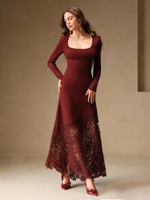 Anewsta 酒红色法式刺绣镂空拼接长袖连衣裙，适合婚礼、毕业典礼、秋季、冬季、外出、优雅、正式、时尚、新年、圣诞节、派对等场合。