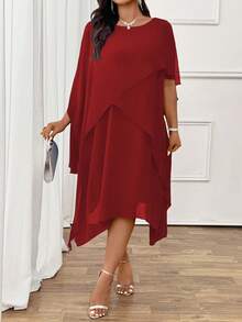 SHEIN Clasi Elegant Commuter & Evening Casual Women's Fashion Bestselling Versatile Comfortable Chiffon Fabric Shirt Dress, Round Neck, Short Sleeve, Multi-Layer Mid-Length Design, Navy Blue, Plus Size