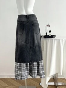 Elamini 女式口袋磨损破洞拼布格子长款休闲牛仔裙 - 黑色 - 查看 2