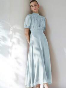 Aveloria Modichic Váy voan nữ thanh lịch với thiết kế xếp ly ngực, tay công chúa, thắt eo, chân váy xòe, tối giản và đa năng khi đi làm, dài đến đầu gối - Màu xanh nhạt - Xem 1