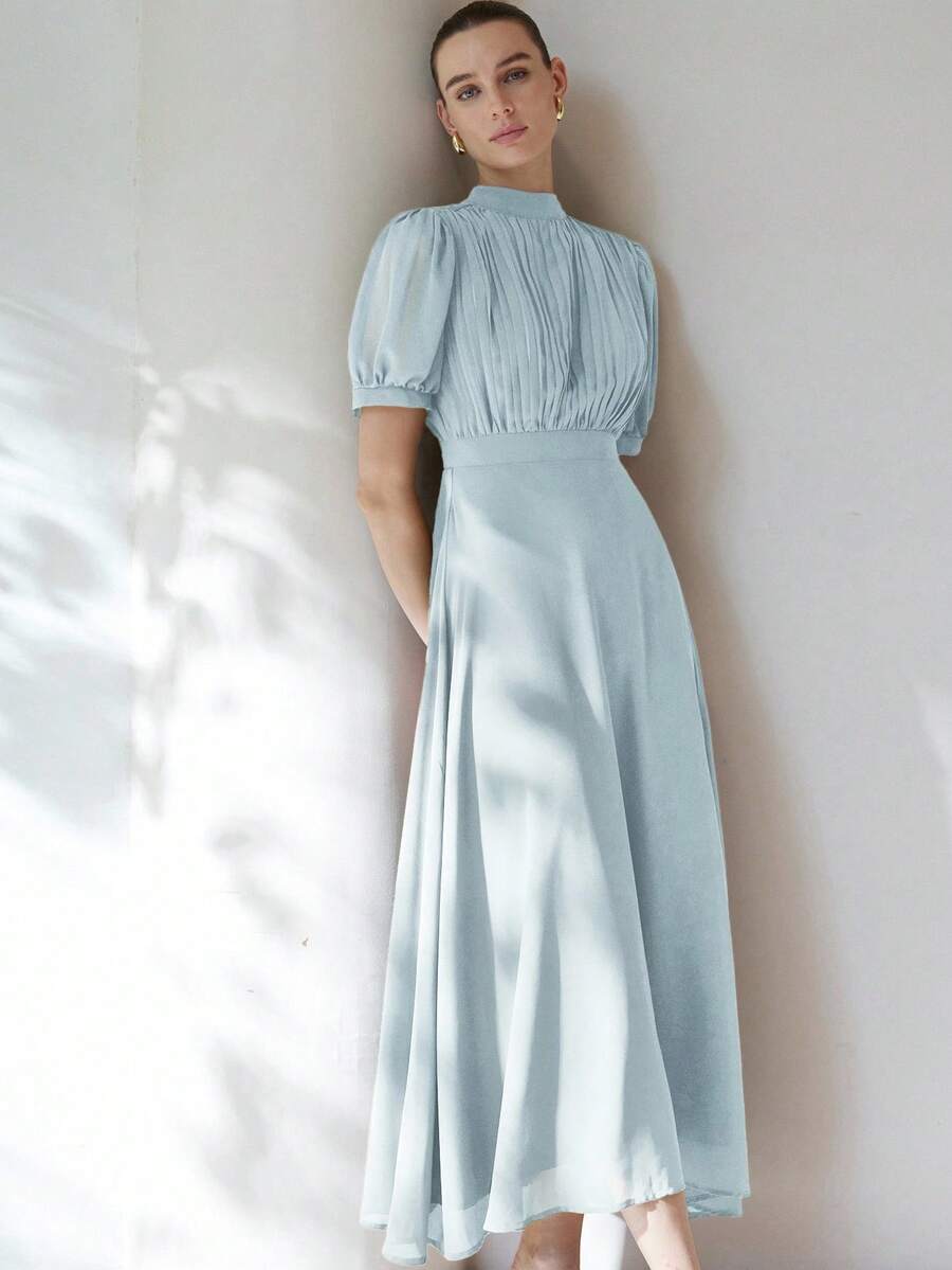 Aveloria Modichic Váy voan nữ thanh lịch với thiết kế xếp ly ngực, tay công chúa, thắt eo, chân váy xòe, tối giản và đa năng khi đi làm, dài đến đầu gối - Màu xanh nhạt - Xem 1