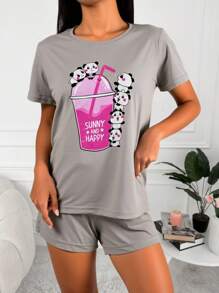 EURMUSE Conjunto de pijama de algodón con gráficos de dibujos animados y eslóganes - Beis - Ver 4