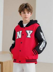 Young Boy Letter Print Patchwork Hooded Jacket, Cool , Autumn Winter Varsity Jacket - Multicolor - View 7
