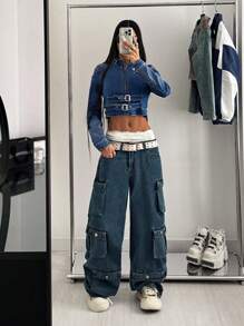 StreetHx Áo khoác denim phong cách Retro Biker Chic có cổ đứng cài nút - Rửa trung bình - Xem 7