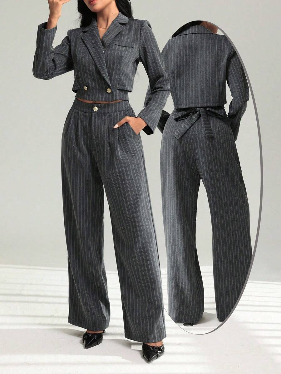 Modelyn 2pcs Premium Striped Suit Set: Tie-Back Short Jacket And Wide ...