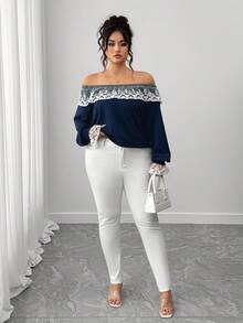 SHEIN CURVE+ Plus Size Costura Contraste Cor Renda Renda Simples Moda Estilo Comunhão Saindo Elegante Cor Sólida Moletom Feminino - Azul marinho - Ver 5
