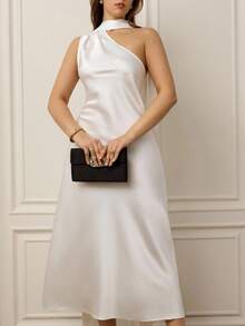 Aveloria Rosie Plus Size Sleeveless Dress With Satin Waist, Asymmetric Shoulder Design, High-End Wrap Skirt And Extra Long Scarf Tie, Party Dress