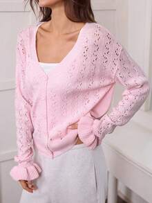 Hanevo V领纯色落肩休闲镂空轻薄长袖短款开衫 - 粉色 - 查看 7