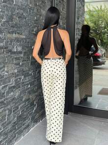 Carolina Barros Cute Polka Dot Spring Summer Dainty Denim Straight Leg Mid Rise Jeans Ibiza Holiday Casual - Beige - View 2