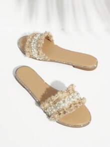 SHUZIA Women Fashionable Rhinestone & Pearl Decor Flat Sandals - Beige - View 3