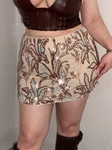 SHEIN EZwear 大尺碼夏季時尚玫瑰金亮片刺繡低腰迷你裙，女孩風派對夜店生日之夜外出演唱會返校穿搭 - 彩色 - 查看 5