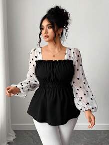 Elenzga Plus Size Women's Casual Bubble Sleeve Shirt, Minimalist Design, Flattering, Suitable For Spring & Autumn Fall Cloth For Women