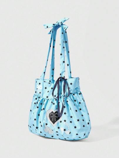 Anime Cute Bow Vintage Heart Shaped Women's Shoulder Bag Minimalist Polka Dot Summer Flower & Music Note Large Capacity Tote Bag, Suitable For Daily Commute And Can Fit Laptop
