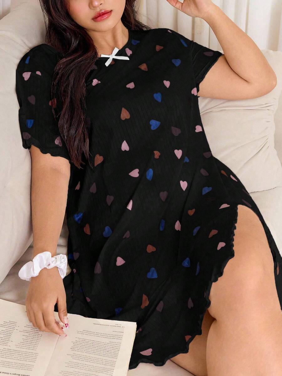 Snug Zone Cute Ruffled Heart Print Soft & Comfy Casual Nightgown  Cozy And Elegant Details - Black - View 1