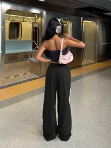 SHEIN EZwear 女式黑白松紧腰侧条纹阔腿宽松休闲工装裤 - 黑與白 - 查看 2