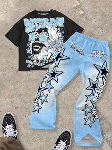 SHEIN Bolty Tween Boy Casual Classic Cool Character Portrait & Text Print Crew Neck T-Shirt, Star Print Flare Pants 2 Pieces Set, Suitable For Summer