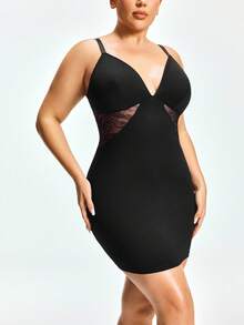 SHAPORA Plus Size Floral Lace Patchwork Sheer Bodycon Dress, Suitable For Daily Wear And Office - Black - View 1