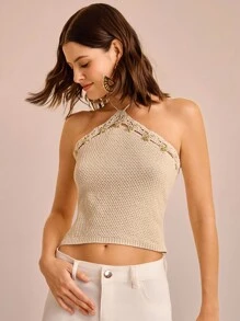 CAJUNI Vacation Sexy Metal Decor Backless Halter Knit Top - Cream - View 7