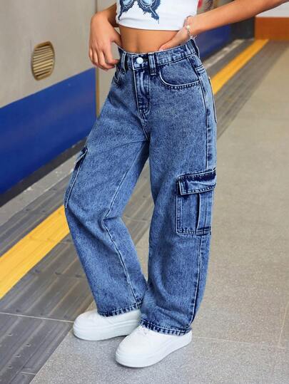 SHEIN Tween Girls' Cargo Pocket Wide Leg Loose Casual Jeans Baggy Jeans Y2k Washed Denim Baggy Jeans Teen Girl Cargo Jeans Fall Winter