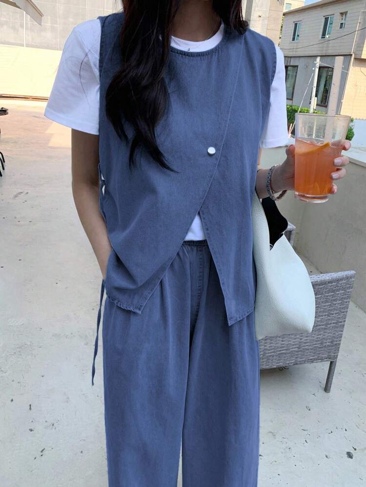 2pcs Fashionable Denim Set, Sleeveless Top + Wide Leg Pants, Elegant & Chic
