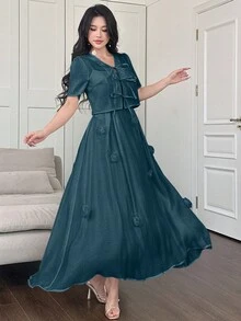 Modelyn 2件套女士3D花卉装饰腰部吊带背心连衣裙和系带袖上衣 - 藍色 - 查看 5