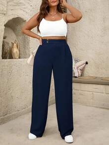 SHEIN Tall Quần ống rộng xếp ly cạp cao cho nữ cỡ lớn - Màu xanh hải quân - Xem 5