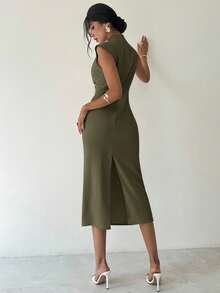 Firerie 女士优雅简约休闲日常通勤度假时尚新款小立领垂坠袖收腰杏色长款连衣裙，夏季 - 軍綠色 - 查看 8