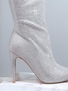 SHUZIA Rhinestone Pointy Toe Knee High Boots - Silver - View 5