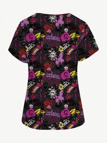 PopScrub Plus Size Women V-Neck Short Sleeve Nurse Uniform,Cartoon Colorful Graffiti Print Work Clothes,Multi-Pocket Functional Smock Top,Doctor Lab Work Tops - Multicolor - View 2