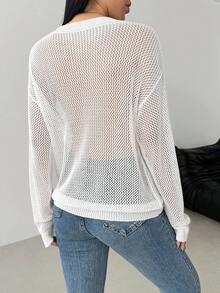 Modelyn Women's Casual Versatile Solid Color Hollow-Out Knit Top - White - View 5