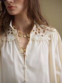 Ontre 2025 New Women's Hollow Embroidery Patchwork Button Lantern Sleeve Loose Fit Casual Office Elegant Teacher's Day Blouse, Suitable For Autumn/Winter