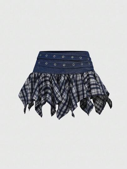 Grunge Punk Jupe mini taille très basse en patchwork de jean et à carreaux pour femmes, style Y2K