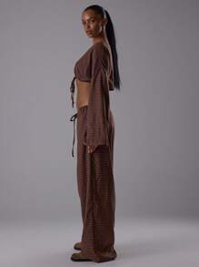 MUSERA 超短款上衣和抽绳长裤套装，波西米亚风，优雅假日风，柔和朦胧色调，适合秋季约会、春夏穿着。 - 棕色 - 查看 4