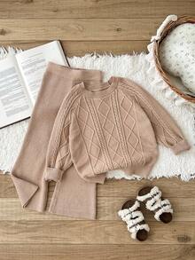 LMoss Kids LMoss 2件套女童纯色圆领修身毛衣和打底裤套装，女童针织套装，女童毛衣套装，针织套装，女童针织套装，返校季棕色针织套装，套头衫，秋季毛衣，冬季毛衣 - 杏色 - 查看 1