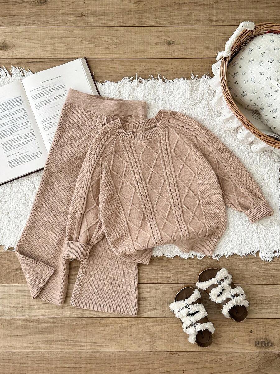 LMoss Kids LMoss 2件套女童纯色圆领修身毛衣和打底裤套装，女童针织套装，女童毛衣套装，针织套装，女童针织套装，返校季棕色针织套装，套头衫，秋季毛衣，冬季毛衣 - 杏色 - 查看 1