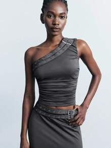 Maija Women's Dark Grey Summer Boyish Night One Shoulder Top,Adjustable Buckle Design Ruched Sleeveless Blouse, Y2k Concert Date Night Top - Grey - View 2
