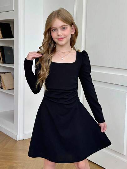 Teen Girls Elegant Square Neck Solid Black Long Sleeve A-Line Dress , Black Dress, Suitable For Autumn Winter Casual, Daily Wear, School Long Sleeve Winter Dresses For Teens Dress Mini