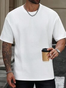 Manfinity Homme 大码男士纯色圆领短袖休闲宽松T恤 - 白色 - 查看 4