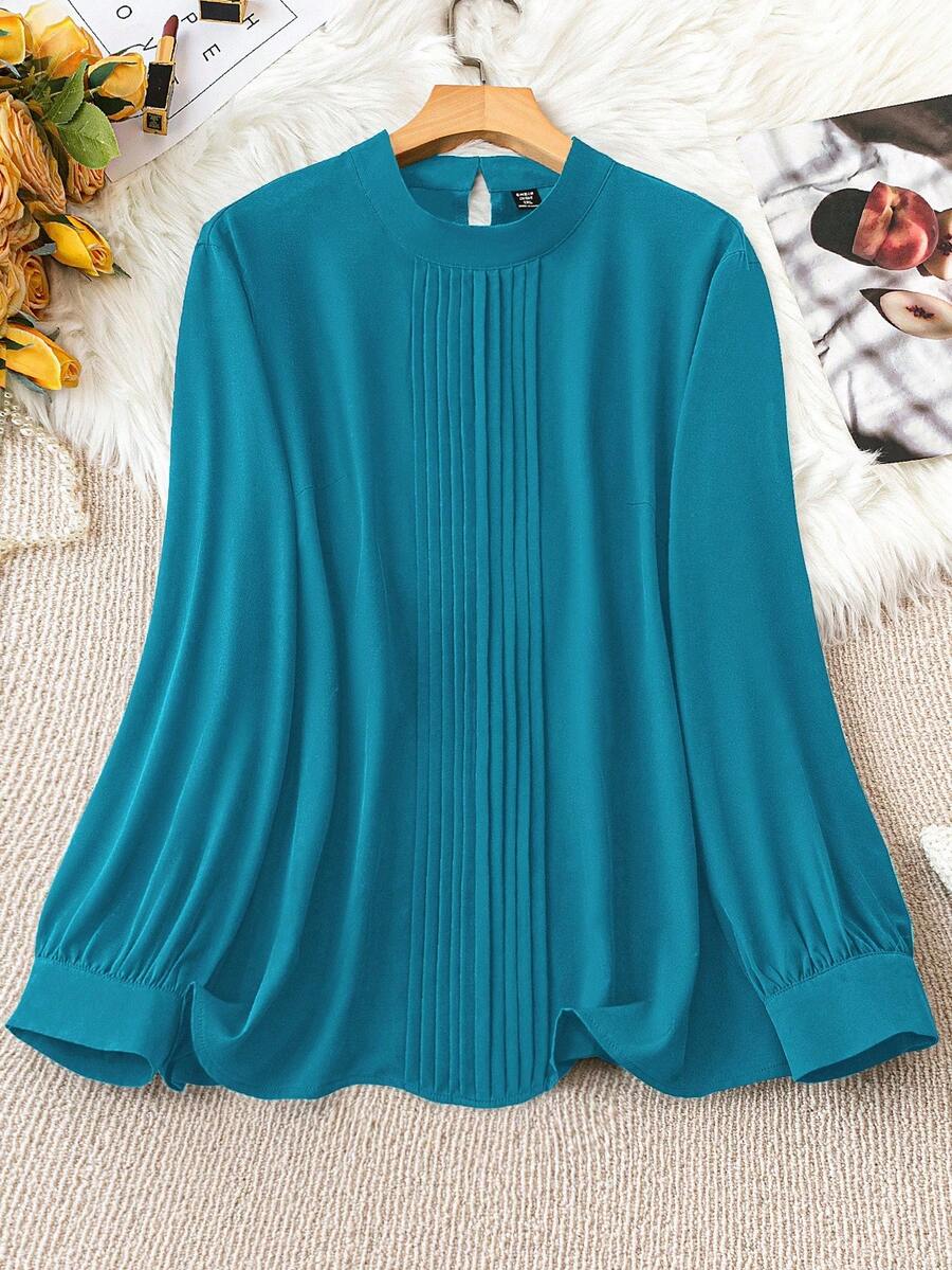 SHEIN Clasi قميص كاجوال بأكمام طويلة ذو لون أحادي للمقاسات الكبيرة - ازرق مخضر - مشاهدة 1