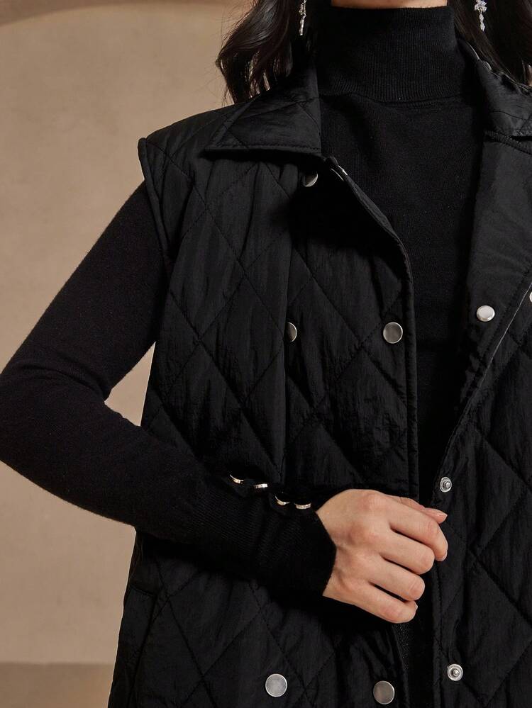 Women's Sleeveless Long Jacket Vest With Metal Buckle Belt, Adjustable Waist, Loose Fit, Business Casual, Suitable For Autumn & Winter Women Coats