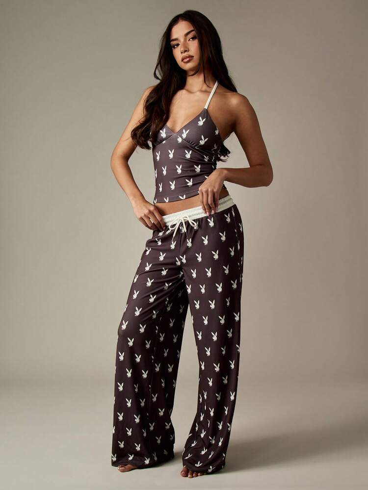 Missguided x Playboy ホルターネックトップスとワイドレッグパンツのバニープリントセット